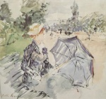 Bild:Frau mit Sonnenschirm im Park sitzend