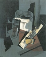 Juan Gris - Peintures - Assiette de fruits, verre et citron (Nature morte au journal)