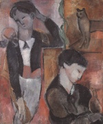 Helmut Kolle  - Peintures - Deux enfants, un chat et un oiseau