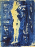 Otto Mueller - Peintures - Jeune fille nue sur fond bleu