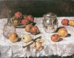 Carl Schuch - Peintures - Pommes sur nappe blanche avec carafe d'eau, boîte de fer-blanc et couteau