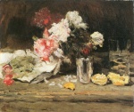 Carl Schuch - Bilder Gemälde - Blumen, Becher und Glas (Pfingstrosen)