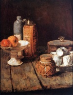 Carl Schuch - Peintures - Corbeille de fruits avec deux pommes, bouteille de grès, bouteille de marasquin, pot de gingembre et