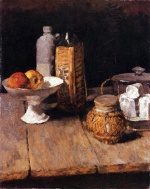 Carl Schuch - paintings - Fruchtschale mit zwei Äpfeln, Steingut- und Maraschinoflasche, Ingwerdose und Käseglocke