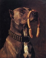 Bild:Dogge mit Würsten (Ave Caesar morituri te salutant)