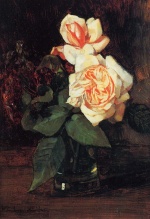 Heinrich Wilhelm Trübner  - Peintures - Roses thé et lilas dans un vase