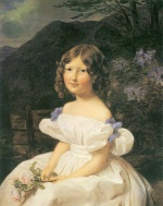 Ferdinand Georg Waldmueller  - Bilder Gemälde - Mädchenbildnis in Ischler Landschaft mit Rosen im Schoss