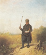 Carl Spitzweg  - Bilder Gemälde - Der singende Dorfpfarrer mit Brevier und Regenschirm beim Spaziergang