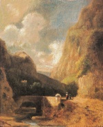 Carl Spitzweg  - Bilder Gemälde - Felsenschlucht mit Brücke