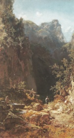 Carl Spitzweg  - Bilder Gemälde - Felsenschlucht mit Sennerin und Brunnen