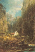 Carl Spitzweg  - Bilder Gemälde - Gebirgsschlucht mit Bauernhaus am Bach