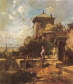 Carl Spitzweg  - Bilder Gemälde - Schildwache auf hoher Festung über einer Stadt