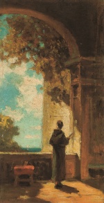 Bild:Stehender Lesender Mönch vor seiner Einsiedelei