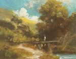 Bild:Vorgebirgslandschaft mit Flusslauf und Brücke