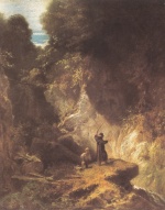 Carl Spitzweg  - Bilder Gemälde - Waldschlucht mit fischendem Mönch