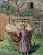 Fritz von Uhde  - Bilder Gemälde - Ein Mächen mit Kinderwagen im Garten