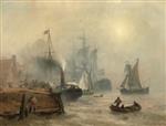 Andreas Achenbach - Bilder Gemälde - A Moored Steamer at a Busy Quay