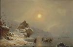 Andreas Achenbach - Bilder Gemälde - A Winter Landscape with Hunters on the Ice