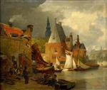 Andreas Achenbach  - paintings - Amsterdam Harbor Scene