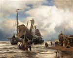 Andreas Achenbach - Bilder Gemälde - Anlandende Segelboote am Strand