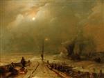 Andreas Achenbach  - Bilder Gemälde - Holländische Hafeneinfahrt bei Mondbeleuchtung