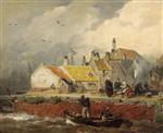 Andreas Achenbach  - Bilder Gemälde - Holländische Küste mit Fischerhäusern