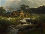 Andreas Achenbach  - Bilder Gemälde - Landschaft mit Bauernhaus und Wildbach