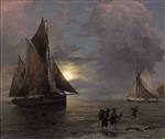 Andreas Achenbach  - Bilder Gemälde - Mondbeschienene Küstenlandschaft mit Segelbooten