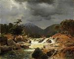 Andreas Achenbach  - Bilder Gemälde - Norwegische Landschaft mit Fuchs an einem Wildbach