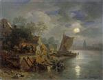 Andreas Achenbach  - Bilder Gemälde - Nächtliche Küstenlandschaft mit Fischerbooten