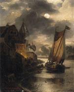 Andreas Achenbach  - Bilder Gemälde - Vollmond über einer Stadt am Fluss