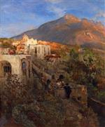 Oswald Achenbach - Bilder Gemälde - Abend auf Ischia mit Blick auf den Monte Epomeo