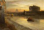 Oswald Achenbach - Bilder Gemälde - Abendstimmung am Tiber mit Blick auf die Engelsburg