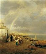 Oswald Achenbach - Bilder Gemälde - Abziehendes Gewitter und ein Regenbogen über dem Golf von Neapel