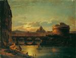 Oswald Achenbach - Bilder Gemälde - Blick auf das Abendliche Rom mit Petersdom und Engelsburg
