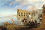 Oswald Achenbach - Bilder Gemälde - Bucht bei Neapel mit Palast der Königin Johanna