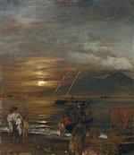 Oswald Achenbach  - Bilder Gemälde - Die Bucht von Neapel im Mondschein