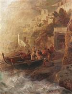 Oswald Achenbach  - Bilder Gemälde - Heimkehrende Fischer bei ihren Booten am Ufer der Amalfiküste