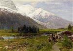 Oswald Achenbach  - Bilder Gemälde - Hochgebirgslandschaft mit Reisenden vor dem Mont Blanc Massiv