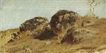 Oswald Achenbach  - Bilder Gemälde - Hügellandschaft mit drei großen Steinen