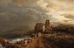 Oswald Achenbach  - Bilder Gemälde - Italienische Küstenszene mit regem Treiben