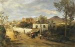 Oswald Achenbach  - Bilder Gemälde - Landstraße bei Pompeji. Im Hintergrund der rauchende Vesuv