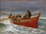 Michael Peter Ancher - Bilder Gemälde - Das rote Rettungsboot fährt raus auf See