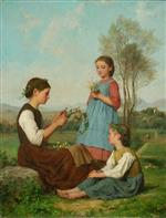 Albert Anker  - Bilder Gemälde - Drei Mädchen beim Kränzewinden