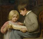 Albert Anker  - Bilder Gemälde - Knabe und Mädchen mit Bilderbuch