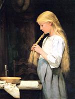 Albert Anker  - Bilder Gemälde - Mädchen die Haare flechtend