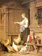 Bild:Mädchen die Hühner fütternd