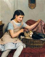 Albert Anker  - Bilder Gemälde - Mädchen mit Katzen