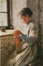 Albert Anker  - Bilder Gemälde - Mädchen vor Fensternische