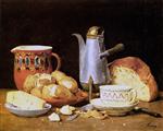 Albert Anker  - Bilder Gemälde - Sillleben mit Kaffee, Brot und Kartoffeln